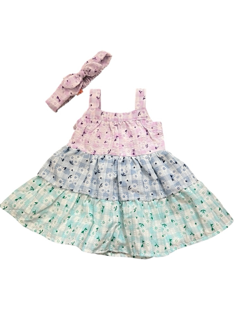 Btween tiered Floral Baby Dress with Matching Headband - Pastel Pink, Blue, Mint